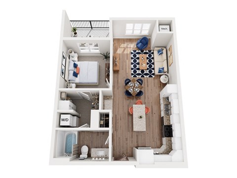 Floor plan for 1 bed, 1 bath, 748 sqft